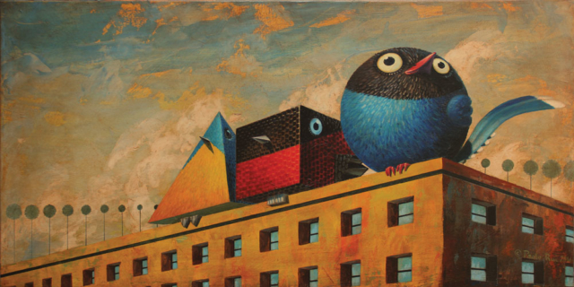 © Paolo Rui; painting; acrylic and oil on canvas; surreal; Taiwanese red oriole; Taiwanese Blue Magpie; Vivid Nitava; adaptation; cube; cubism