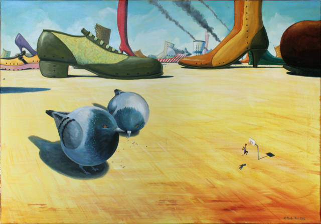 © Paolo Rui; surreal; painting; acrylic on canvas; pigeons; basket; shoes; city