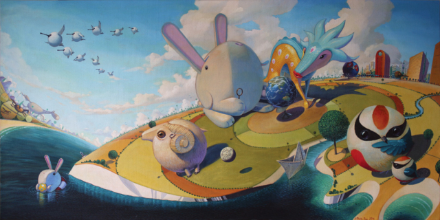 © Paolo Rui; painting; surreal; acrylic on canvas; Taiwanese birds; Chinese Zodiac; Fairy Pitta; Black-faced spoonbill; Mikado Pheasant