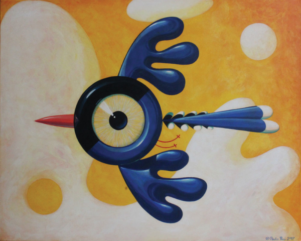 © Paolo Rui; painting; acrylic and oil on canvas; surreal; bird; Blue Magpie; Taiwanese birds; curiosity
