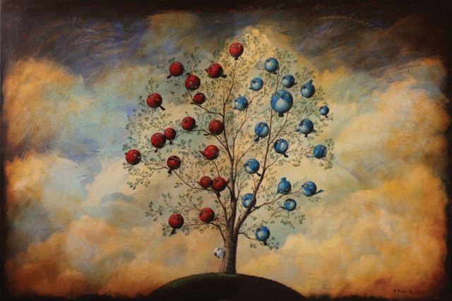© Paolo Rui; painting; acrylic and oil on canvas; tree; birds; democracy; coup d'état; golpe; parliament