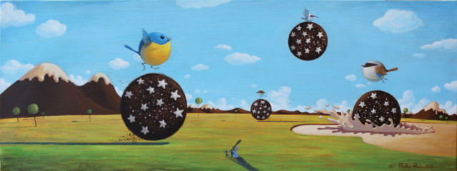 © Paolo Rui; painting; surreal; acrylic on canvas; Pan di stelle; Taiwanese birds; Mulino Bianco; Barilla