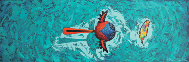 © Paolo Rui; painting; acrylic on canvas; bird; Grey-Chinned Minivet; 灰喉山椒鳥; Taiwan; island; Formosa