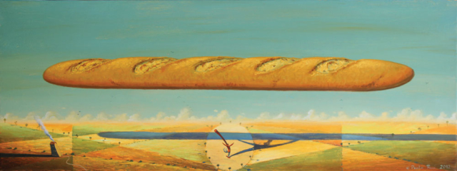 © Paolo Rui; painting; surreal; acrylic on canvas; Baguette; show; circus; magics; illusion