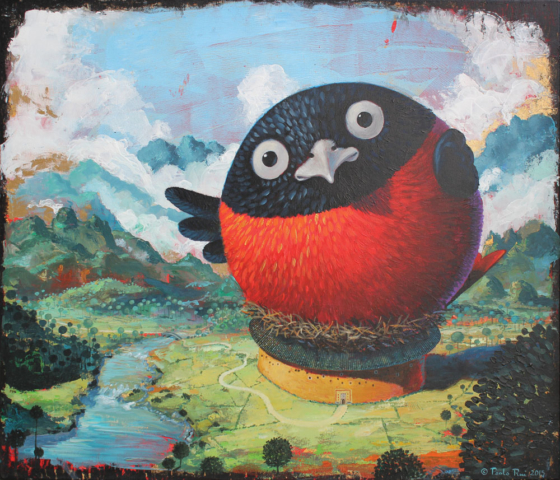 © Paolo Rui; surreal; painting; acrylic and golden enamel on canvas; tree; bird; Taiwanese Red Oriole; Hakka