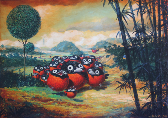 © Paolo Rui; painting; acrylic and oil on canvas; surreal; Taiwan; Taiwanese birds; Red oriole; tour; organised tour