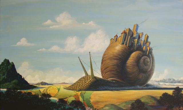 © Paolo Rui; painting; surreal; acrylic on canvas; snail; city; paths; travel; migration