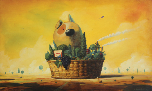 © Paolo Rui; painting; acrylic and oil on canvas; surreal; still life; Fufi; dog; basket; Jack Russell Terrier