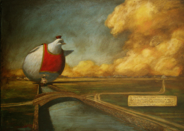 © Paolo Rui; surreal; painting; acrylic and oil on canvas; Columbus Christopher; Santa Maria; Christopher Columbus; 1492; history; Milano