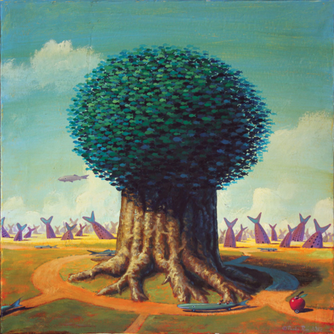 © Paolo Rui; painting; surreal; acrylic on canvas; tree; city; fish; revolution
