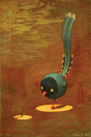 © Paolo Rui; surreal; painting; acrylic and oil on canvas; time; birds; Formosan Blue Magpie; circus