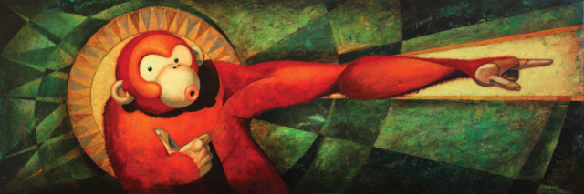© Paolo Rui; painting; acrylic oil and golden enamel on canvas; surreal; ape; monkey; Year of the Monkey; good luck